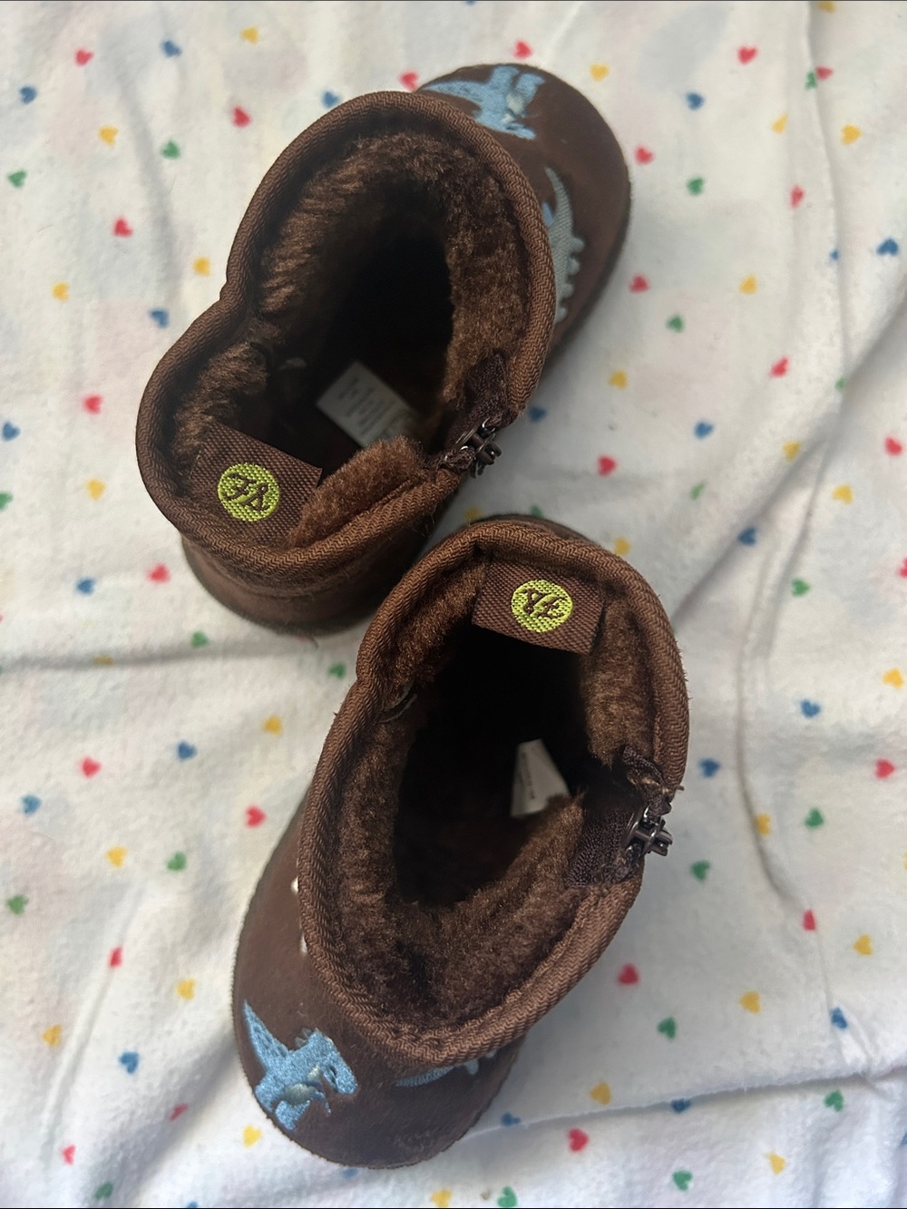 Brown Dino Embroidered Kids Booties - Cozy Slip-On Boots - Picture 4 of 7